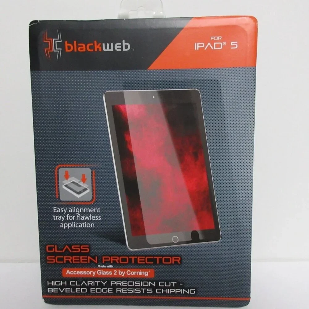 Black Web Glass Screen Protector For Ipad 5 W/ Easy Alignment Tray NEW